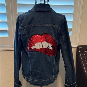 Denim Jean Jacket with Red Sequin Lips Patch